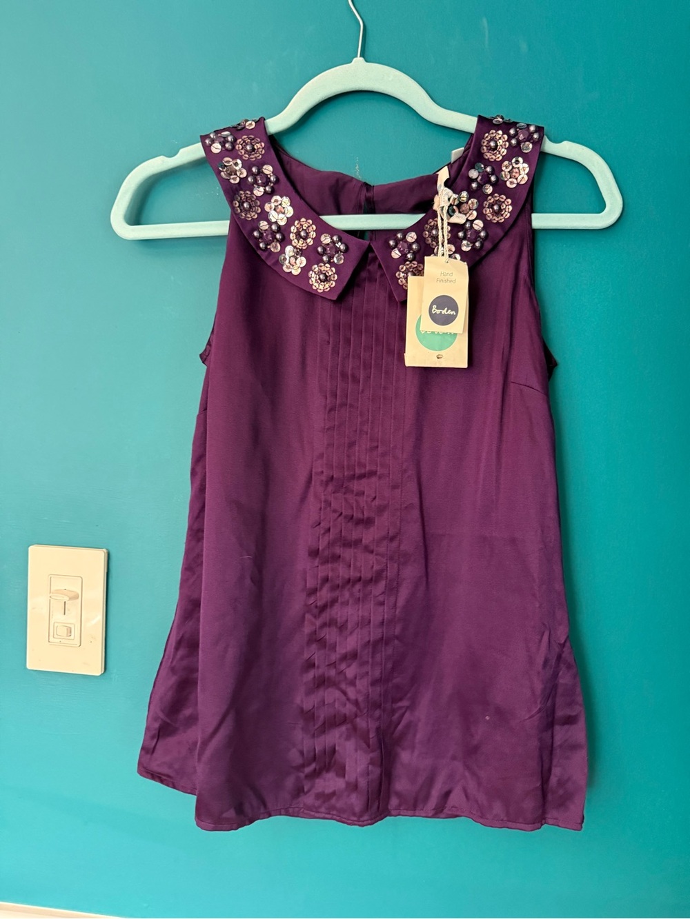 Boden Purple Embellished Silk Blend Blouse, NWT, size 2